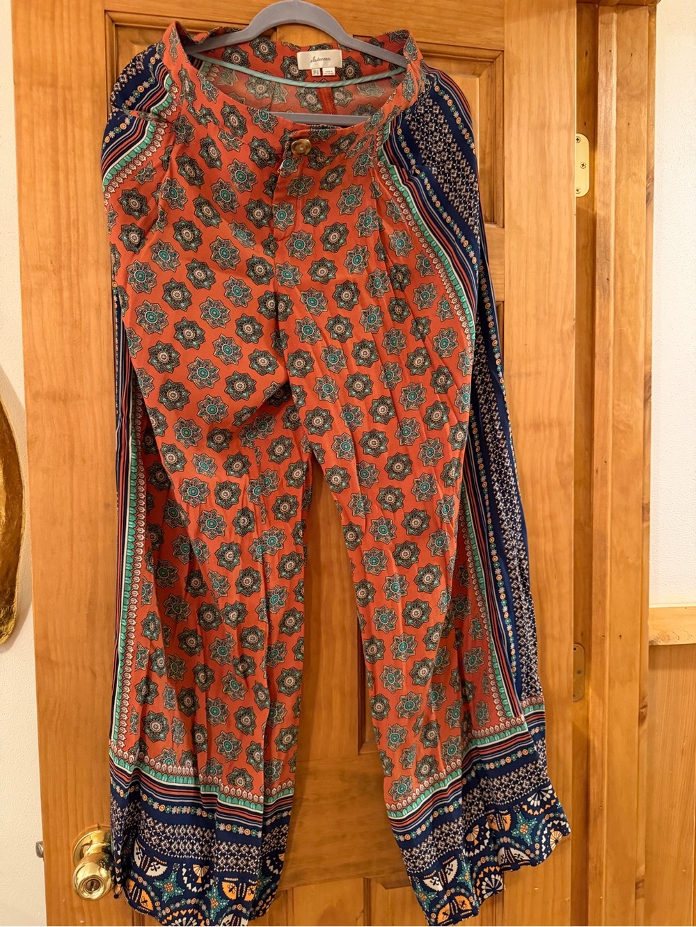 Anthropologie Rust Coral and Navy Printed Wide-Leg Pants